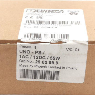 New Phoenix Contact UNO-PS/1AC/12DC/55W 2902999 Power Supply 100-240VAC In 12VDC Out