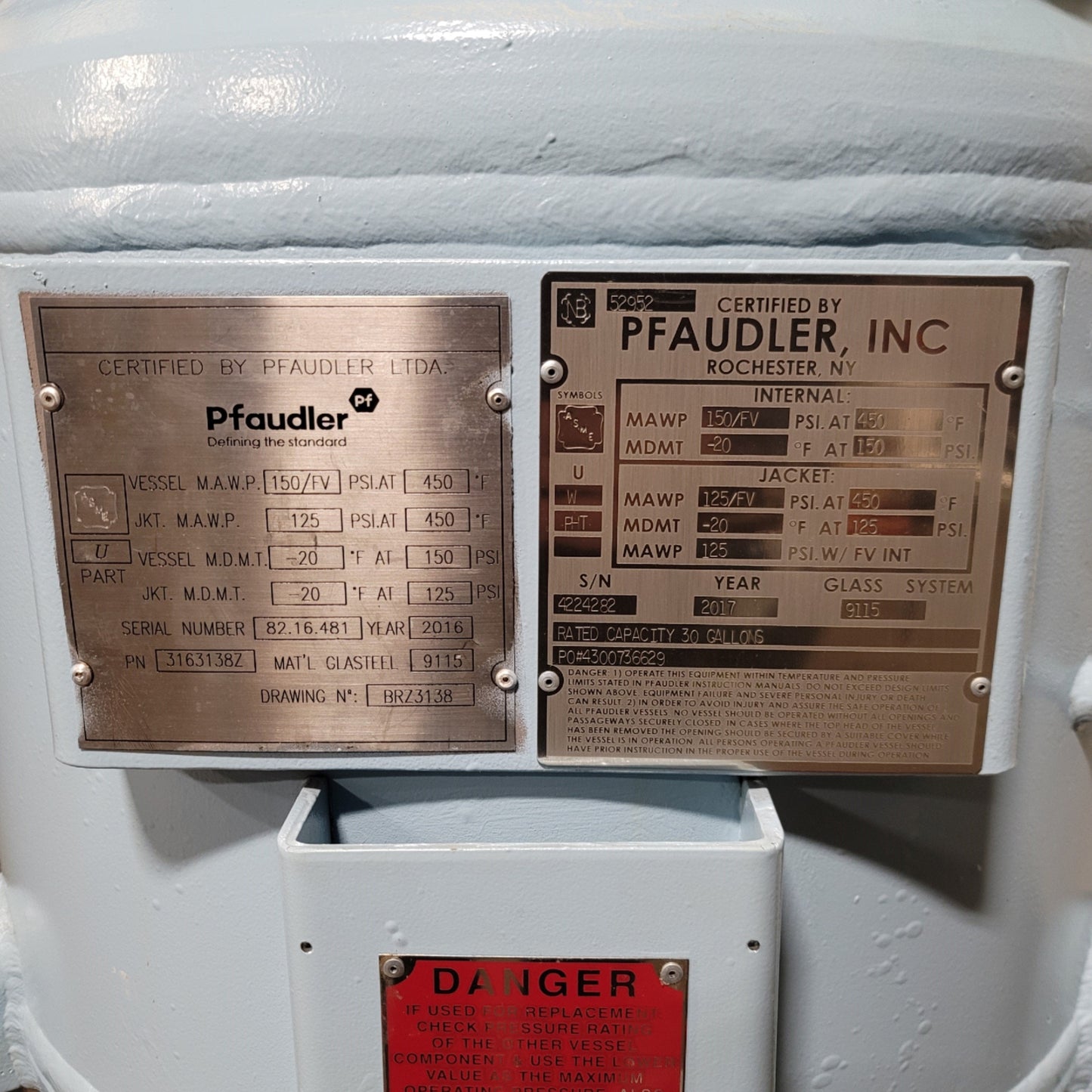 Used Pfaudler 30 Gallon Glass Lined Jacketed Reactor With Mixer, 150psi/FV @ 450°F