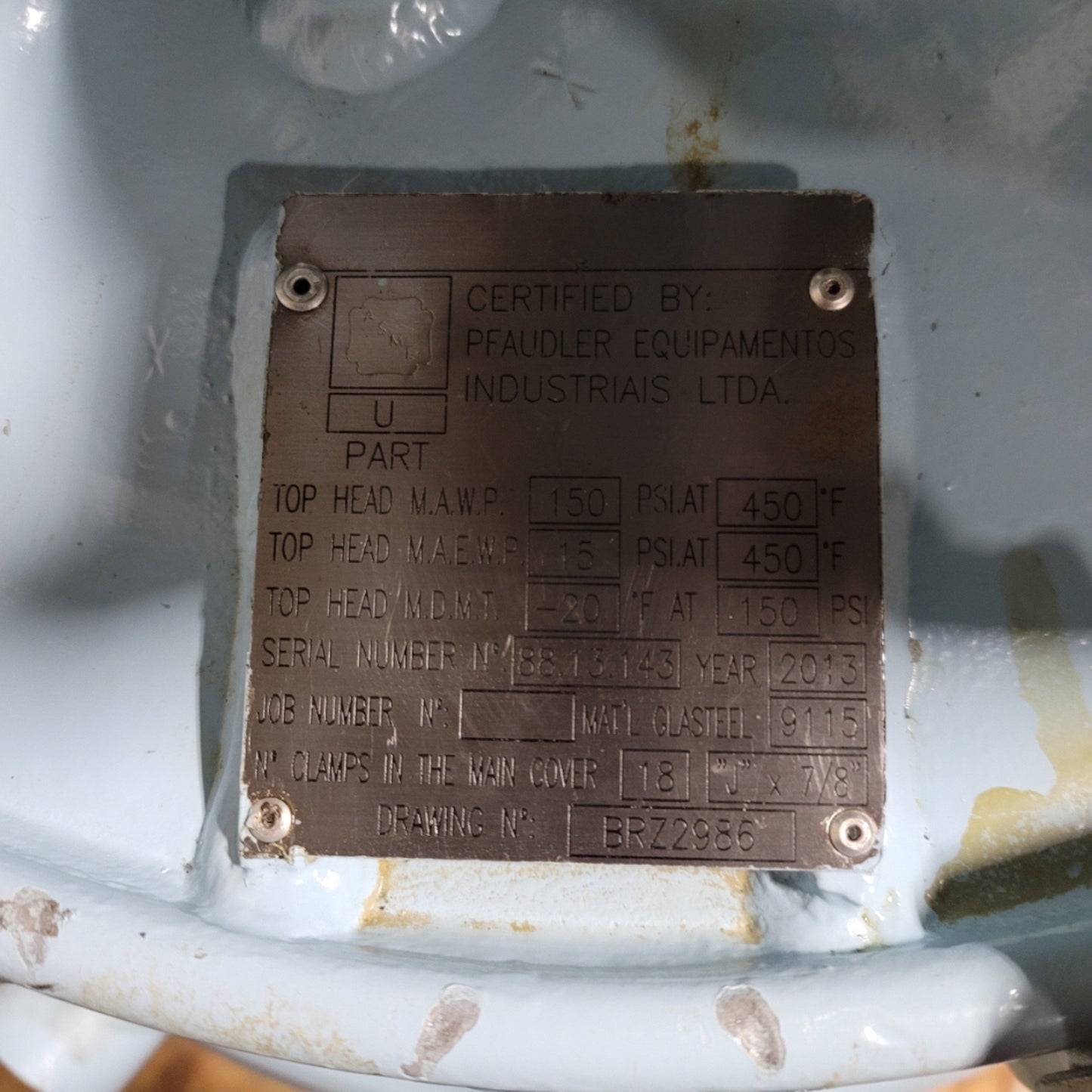 Used Pfaudler 30 Gallon Glass Lined Jacketed Reactor With Mixer, 150psi/FV @ 450°F