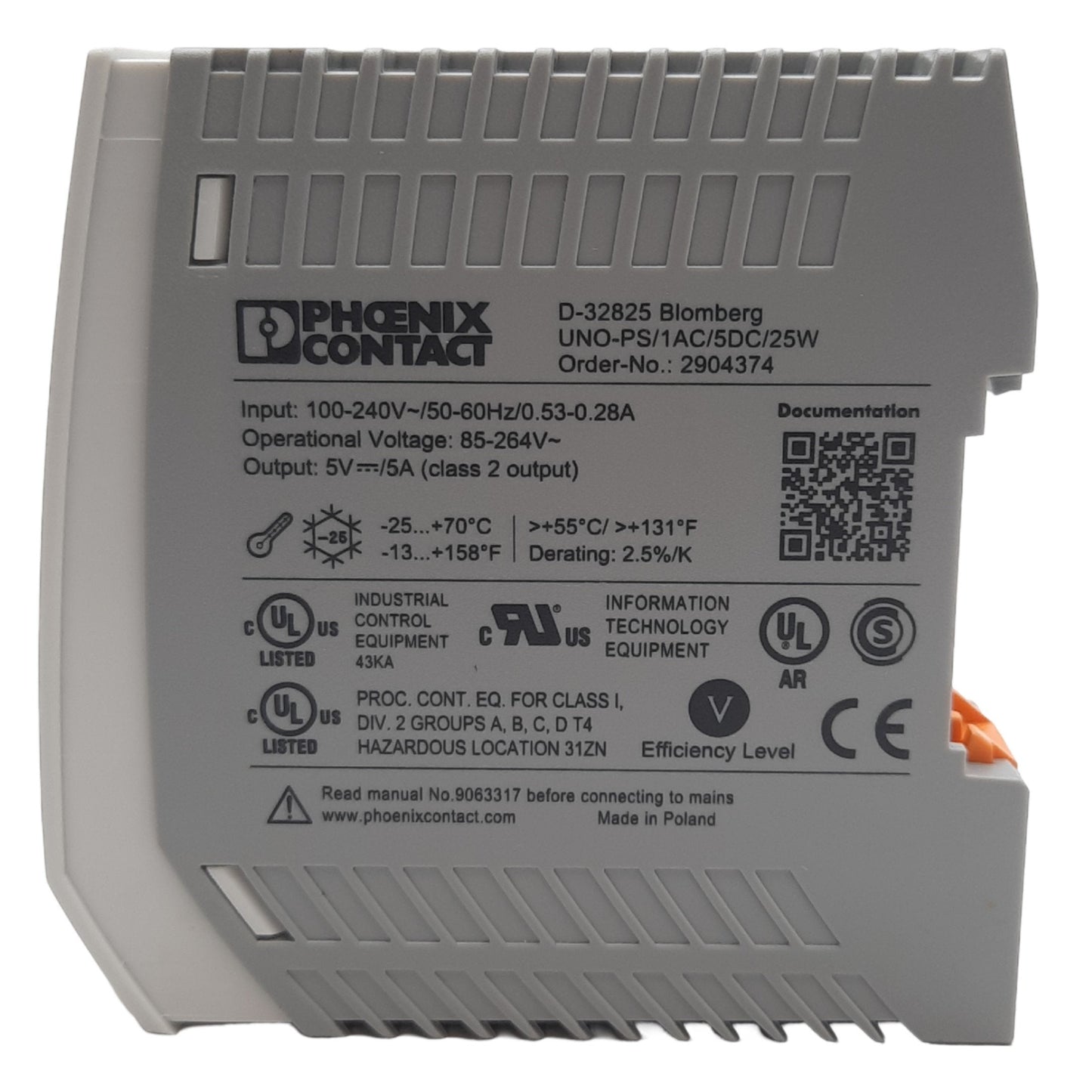 New Phoenix Contact UNO-PS/1AC/5DC/25W 2904374 PSU, 100-240 VAC In, 5 VDC Out, 25W