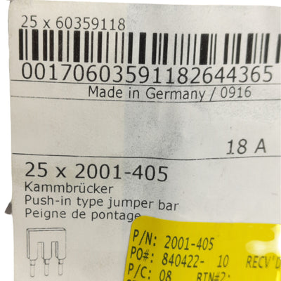 New Lot of 25 Wago 2001-405 Push-In Jumper Bars, 5-Position, 18A, 19.7mm x 4.1mm