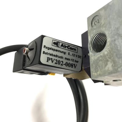 Used AirCom PV202-008V Proportional Flow Solenoid Valve, 2-Way NC, 12VDC, G1/8, 10bar