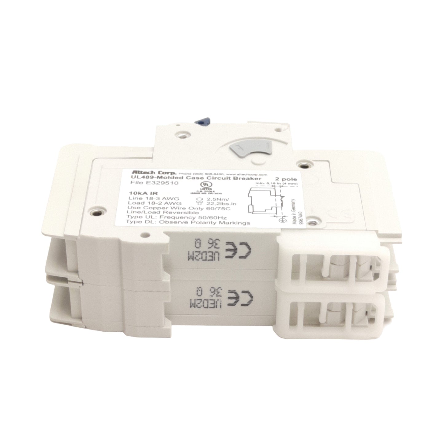 New Altech Corp 2D2UL Circuit Breaker 2-Poles, 2A 480Y/277VAC, DIN Rail Mount