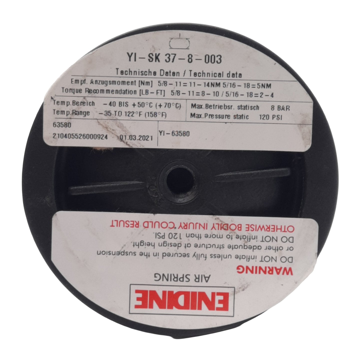 New – Open box Enidine YI-SK 37-8-003 Air Spring, ø3in, 1.8in Stroke, 120PSI, 696lbs, NPT 1/8in