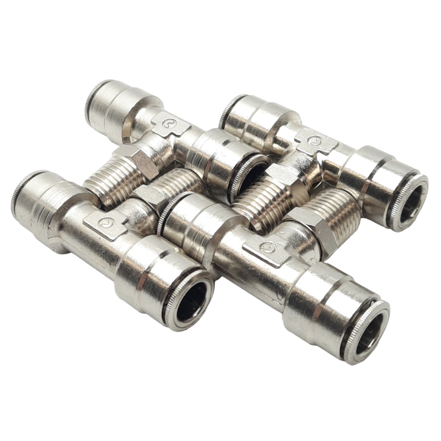 New – Open box Lot of 4 Camozzi 6430 06-04 Pneumatic Tee Swivels, 3/8 OD to 1/4 NPT, 1.6MPa