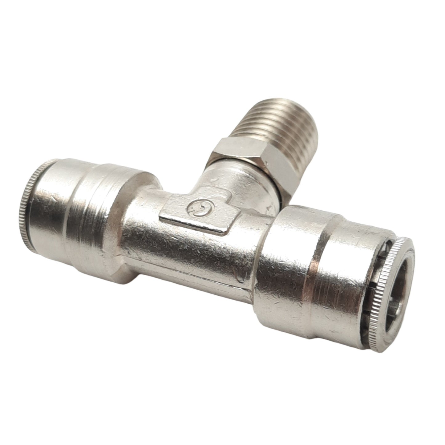 New – Open box Lot of 4 Camozzi 6430 06-04 Pneumatic Tee Swivels, 3/8 OD to 1/4 NPT, 1.6MPa