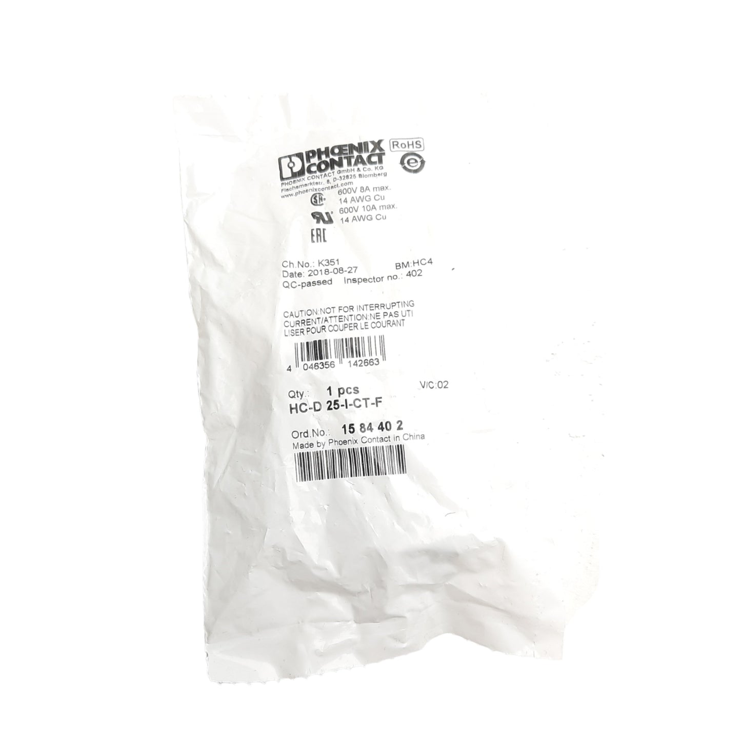 New Lot of 2 Phoenix Contact HC-D 25-I-CT-F Male Contact Insert 25 Pos+PE, 250V, 10A