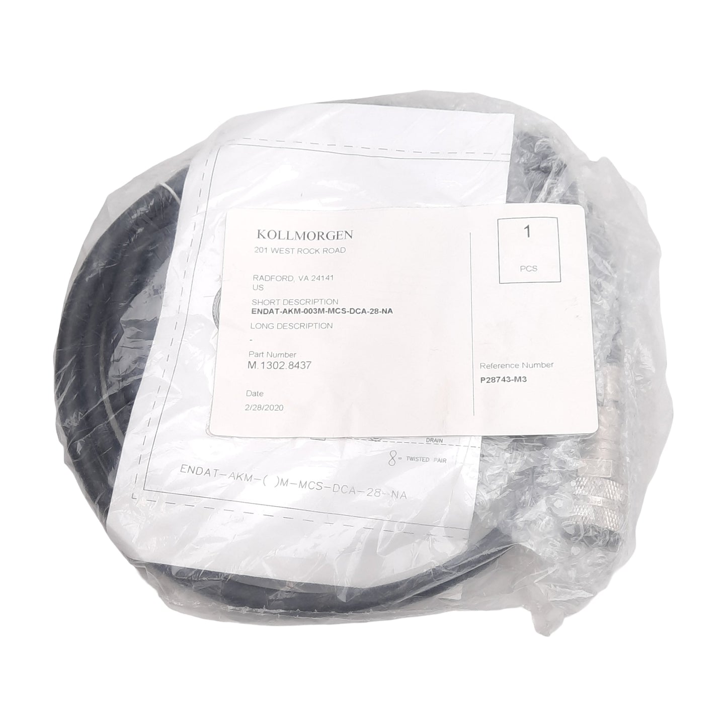 New Kollmorgen M.1302.8437 AKM Series Brushless Servo Motor Feedback Cable, 3m Long