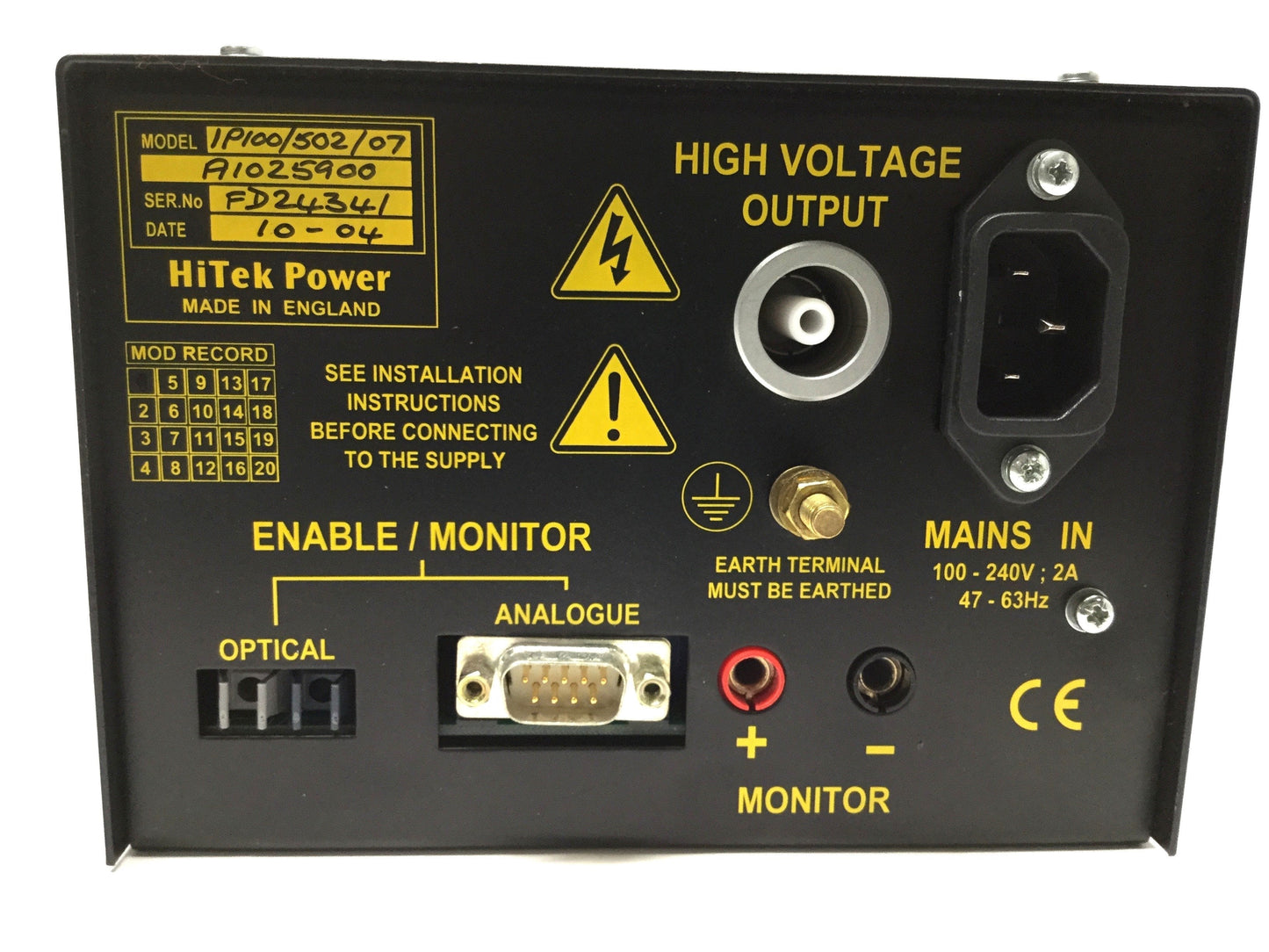 Used HiTek IP100/502/07 HiVolt 5kV Ion Pump Power Supply from GEMINI Supra 35VP SEM