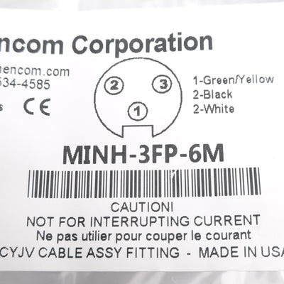 New Mencom MINH-3FP-6M Cordset, 3-Pin 7/8-16UN2 Female to Flying Leads, 600V 18A, 6m