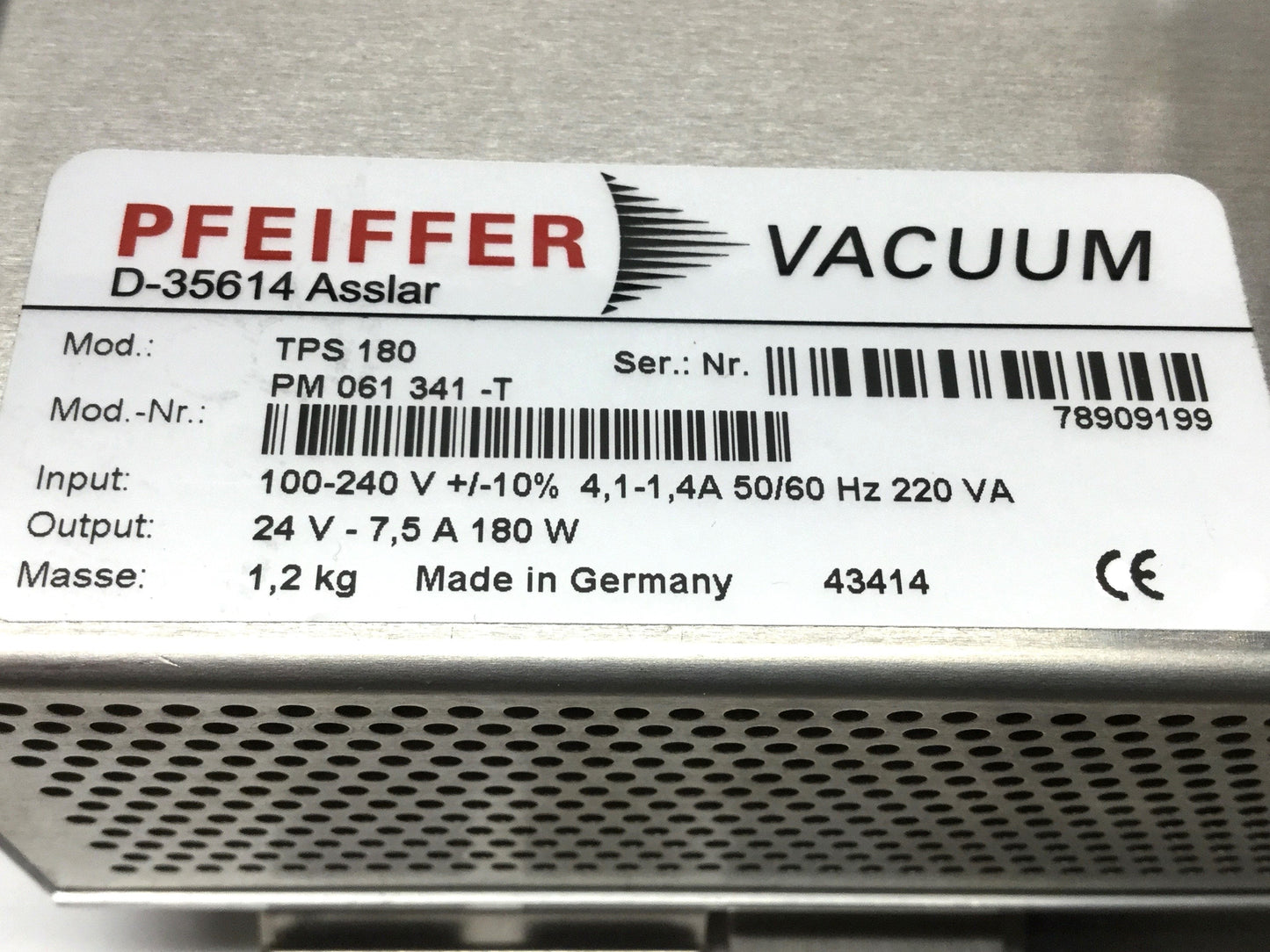 Used Pfeiffer Vacuum TPS 180 Turbopump Power Supply 100-240VAC In, 24VDC 7.5A Out
