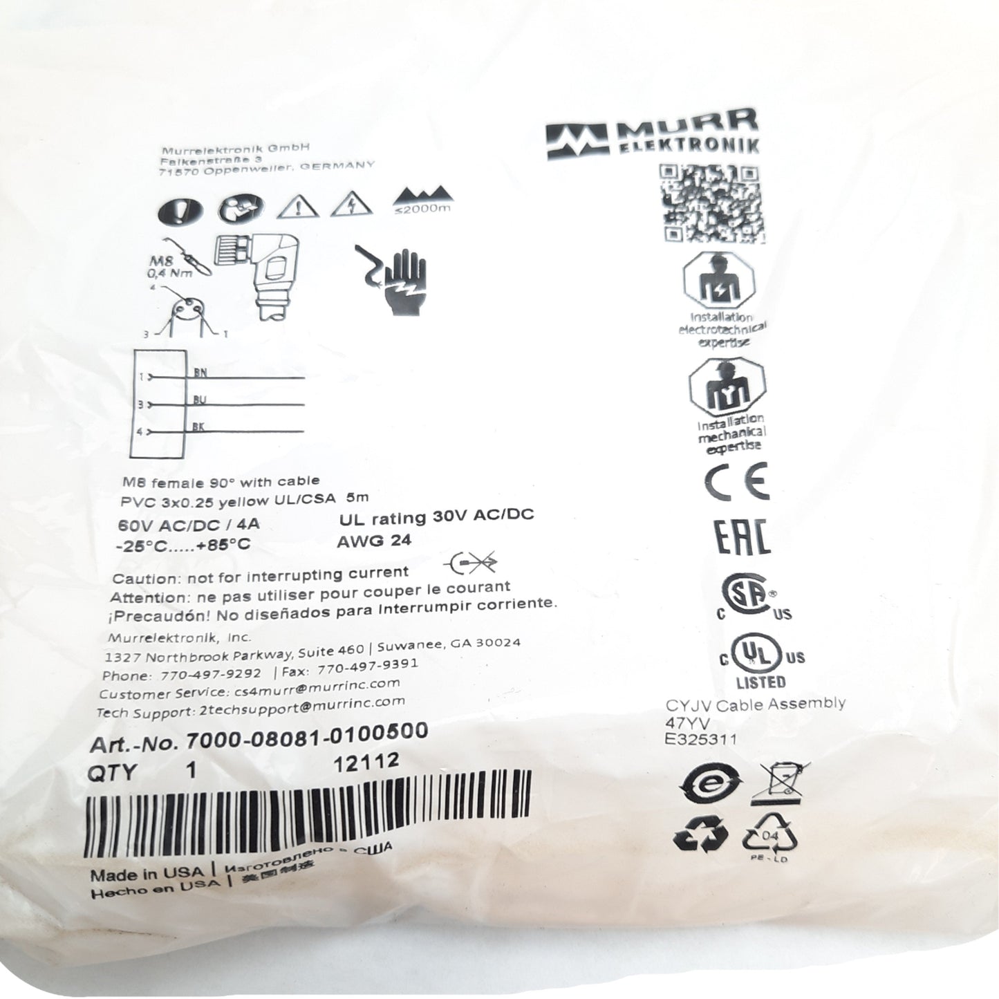 New Lot of 2 Murr Elektronik 7000-08081-0100500 Cable M8 3-Pin Female, 60V AC/DC 4A