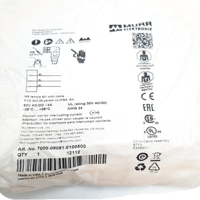 New Lot of 2 Murr Elektronik 7000-08081-0100500 Cable M8 3-Pin Female, 60V AC/DC 4A