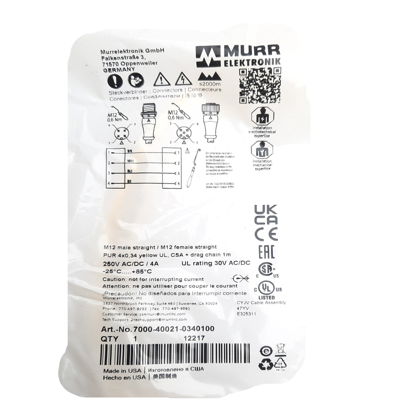 New Lot of 3 Murr Elektronik 7000-40021-0340100 Cable M12 4 Pin, Male/Female