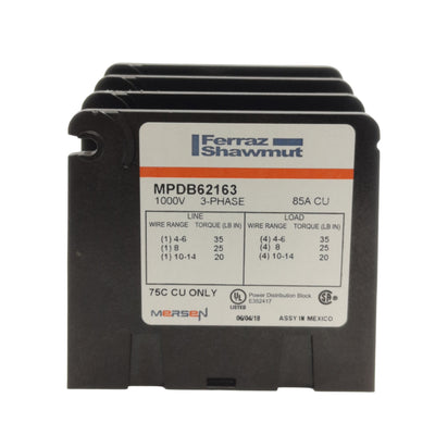 New Mersen MPDB62163 Ferraz Shawmut Power Distribution Block, 3-Pole 1x4, 1000V 85A