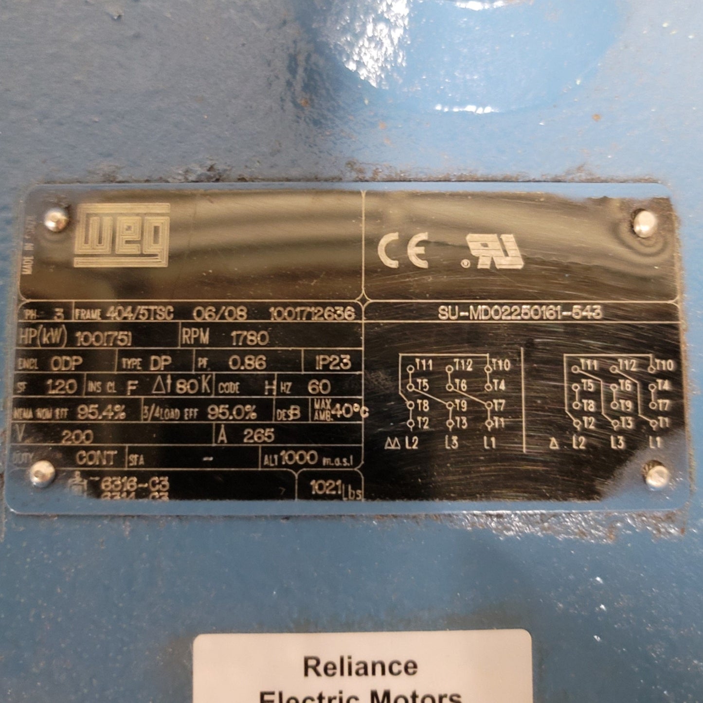 New – Open box WEG 1001712636 Industrial AC Motor 100HP, 404/5TSC, 1780RPM, 200VAC 3PH 265A