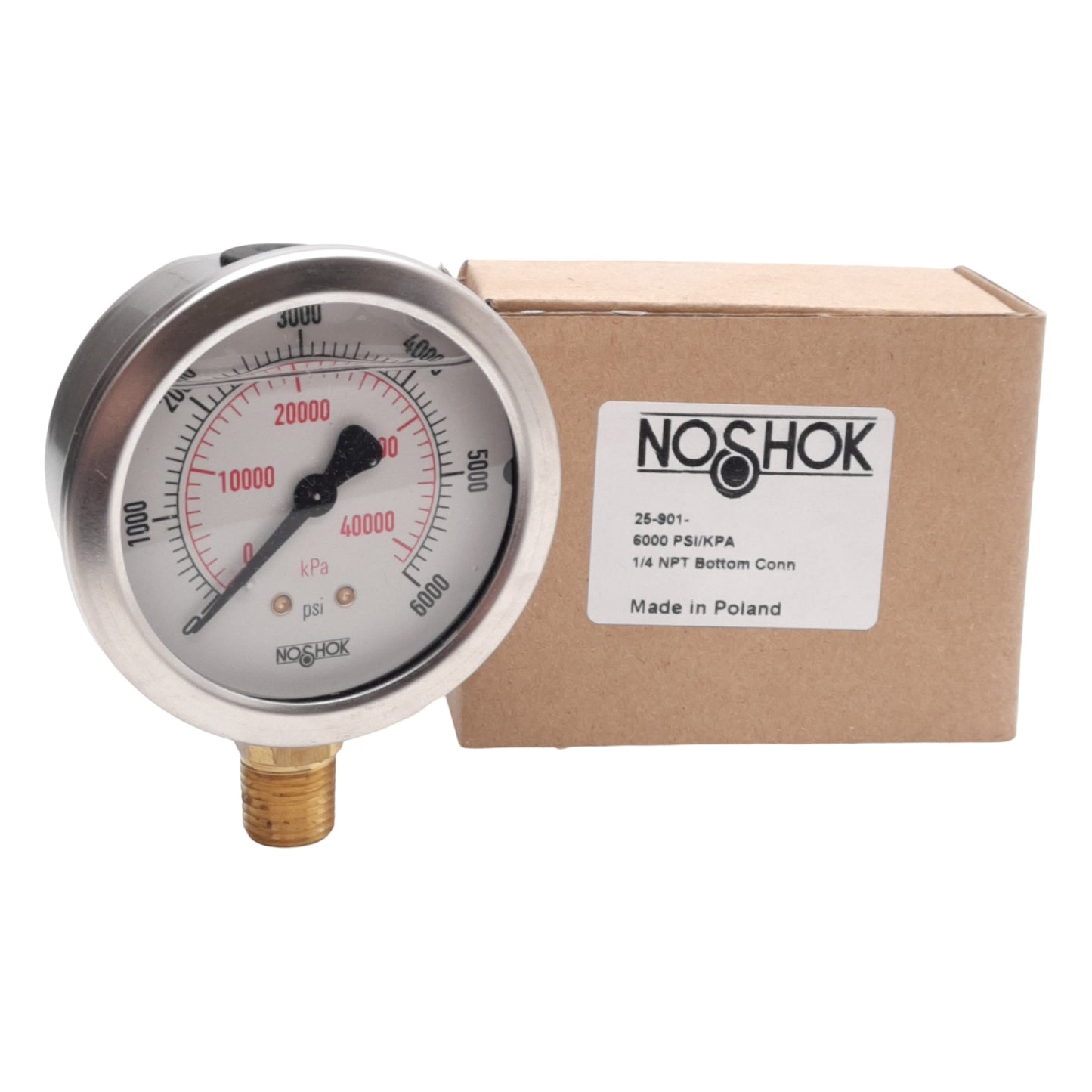 New NOSHOK 25-901-6000-PSI/KPA Pressure Gauge, ø2-1/2in, 0-6000PSI, 1/4in NPT