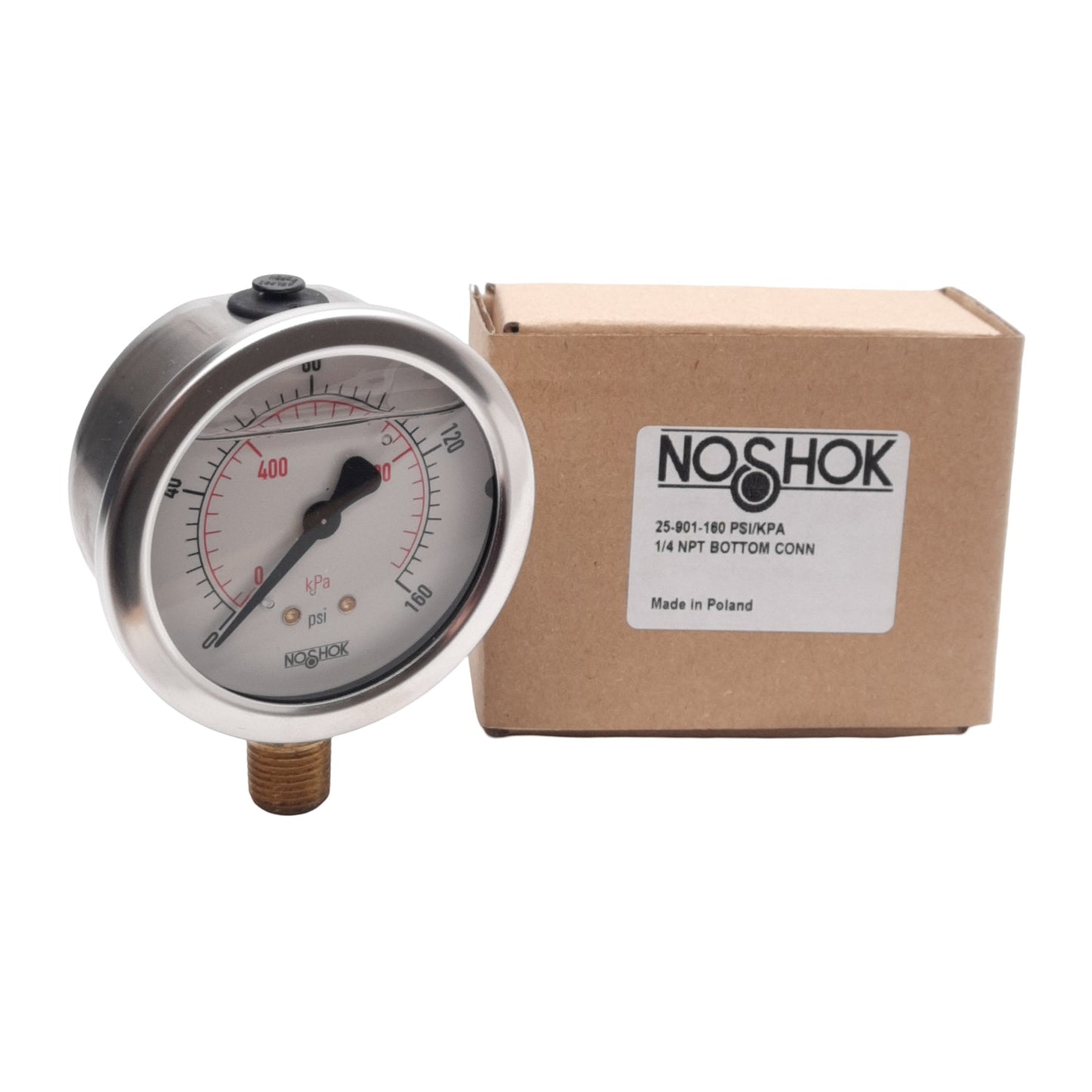 New NOSHOK 25-901-160-PSI/KPA Pressure Gauge, ø2-1/2in, 0-160PSI, 1/4in NPT