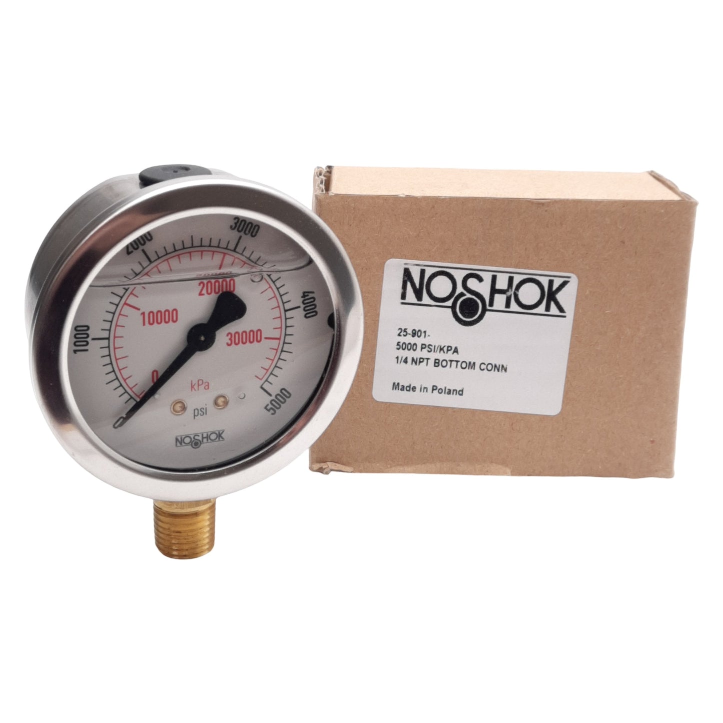 New NOSHOK 25-901-5000-PSI/KPA Pressure Gauge, ø2-1/2in, 0-5000PSI, 1/4in NPT