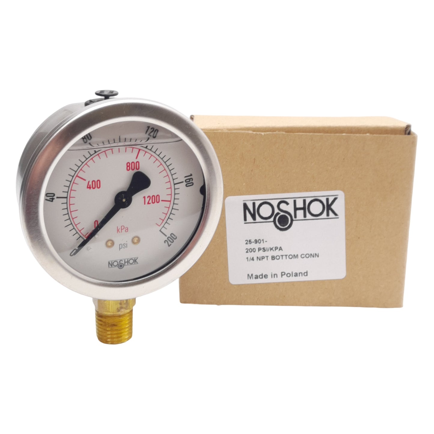 New NOSHOK 25-901-200-PSI/KPA Pressure Gauge, ø2-1/2in, 0-200PSI, 1/4in NPT