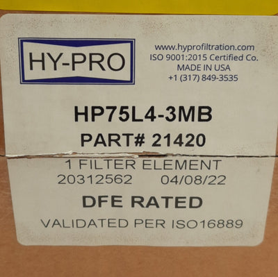 New Hy-Pro HP75L4-3MB Replacement Filter, 1-1/2-16UNF Thread, 3µm Filtration