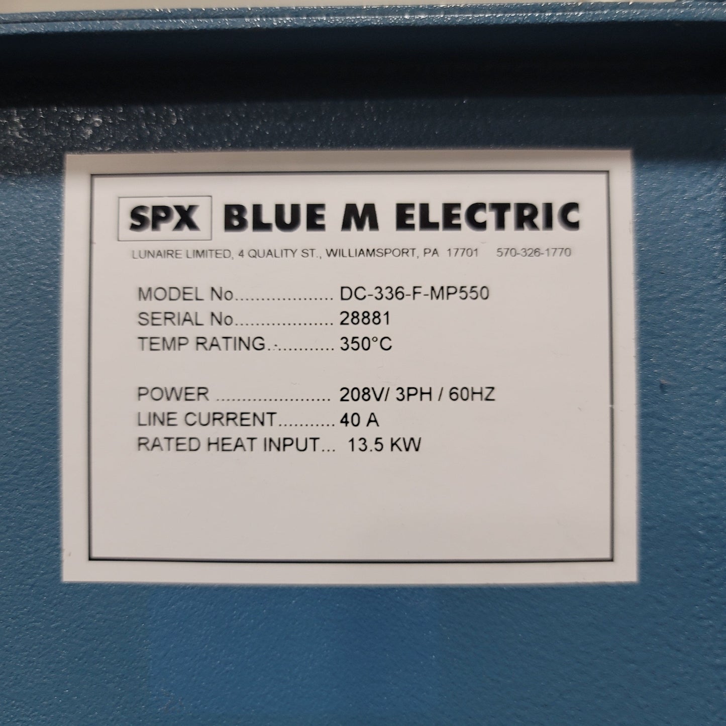 Used SPX Blue M DC-336-F-MP550 Mechanical Convection Oven 11CuFt 350°C 208VAC 3PH 40A