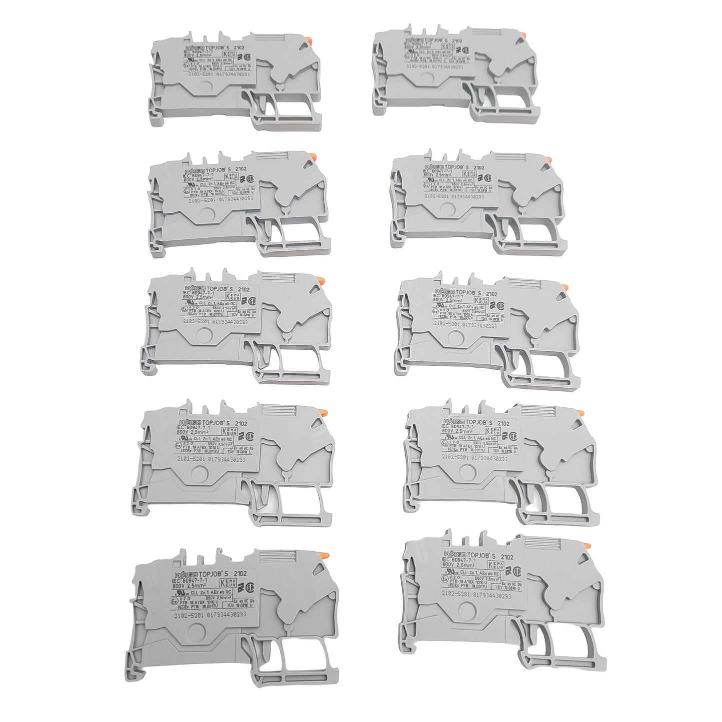 New Lot of 10 Wago 2102-5201 TopJob S Terminal Block, DIN Rail Mount, 2 Position
