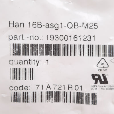 New Lot of 2 Harting 19300161231 HAN 16B-asg-1-QB-M25 Side Entry Aluminum Hood, M25