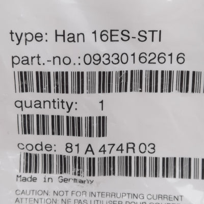 New Lot of 2 Harting 09330162616 Rectangular Plug Insert, 16+PE, Size 16B, 500V 16A
