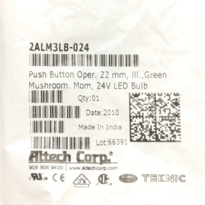 New Altech Corp 2ALM3LB-024 E-Stop Pushbutton, 22mm, Green, Illuminated 24V