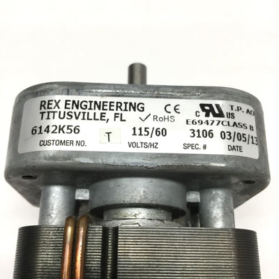 Used Rex Engineering 6142K56 AC Gear Motor 115VAC, 35RPM, 15in-lb, 1/120HP