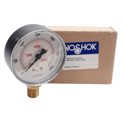 New NOSHOK 25-100-3000-PSI/KPA Pressure Gauge, ø2-1/2in, 0-3000PSI, 1/4in NPT