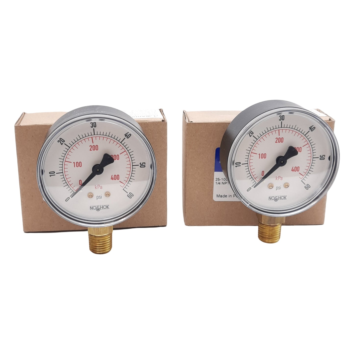 New Lot of 2 NOSHOK 25-100-60-PSI/KPA Pressure Gauge, ø2-1/2in, 0-60PSI, 1/4in NPT