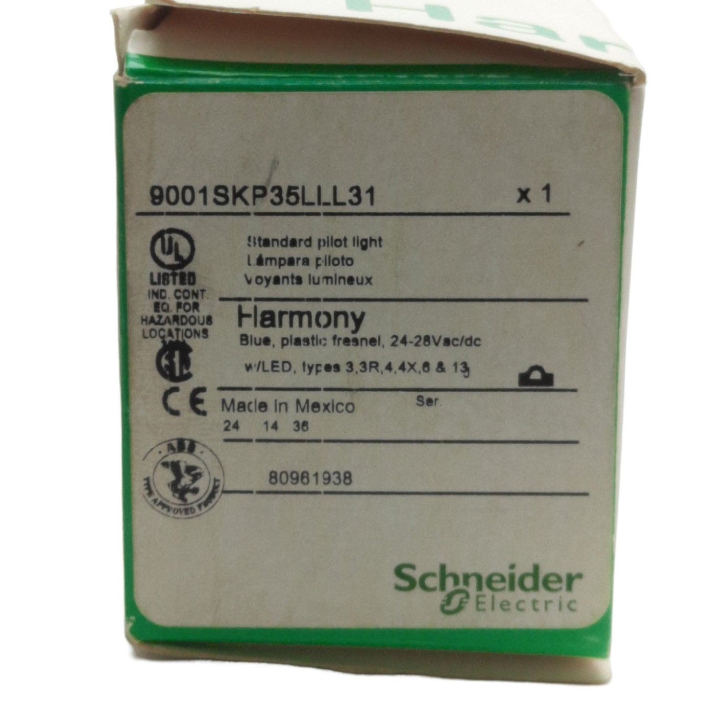 New Schneider Electric 9001SKP35LLL31 Pilot Light, 30mm, Blue, 24VAC/DC, Flat Lens