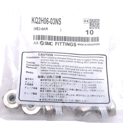New Lot of 10 SMC KQ2H06-03NS Pneumatic Connectors, ø6mm O.D., Rc3/8, 3.0MPa Max
