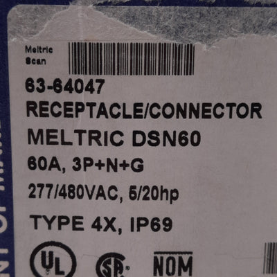 New Meltric 63-64047 DSN60 Receptacle, 3P+N+G, 3-Phase 480Y/277VAC 60A, 20/5HP