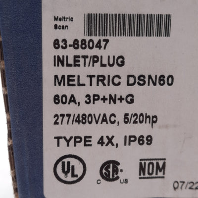 New Meltric 63-68047 DSN60 Inlet/Plug, 3P+N+G, 3-Phase 480Y/277VAC 60A, 20/5HP