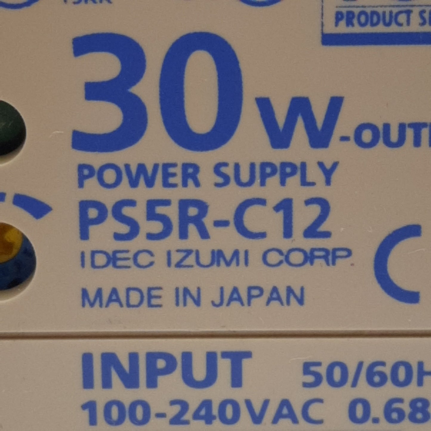 Used Idec PS5R-C12 PLC Power Supply 100-240VAC 0.68A In, 12VDC 2.5A 30W Out DIN Rail