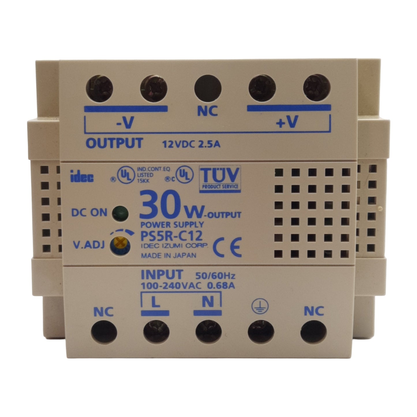 Used Idec PS5R-C12 PLC Power Supply 100-240VAC 0.68A In, 12VDC 2.5A 30W Out DIN Rail