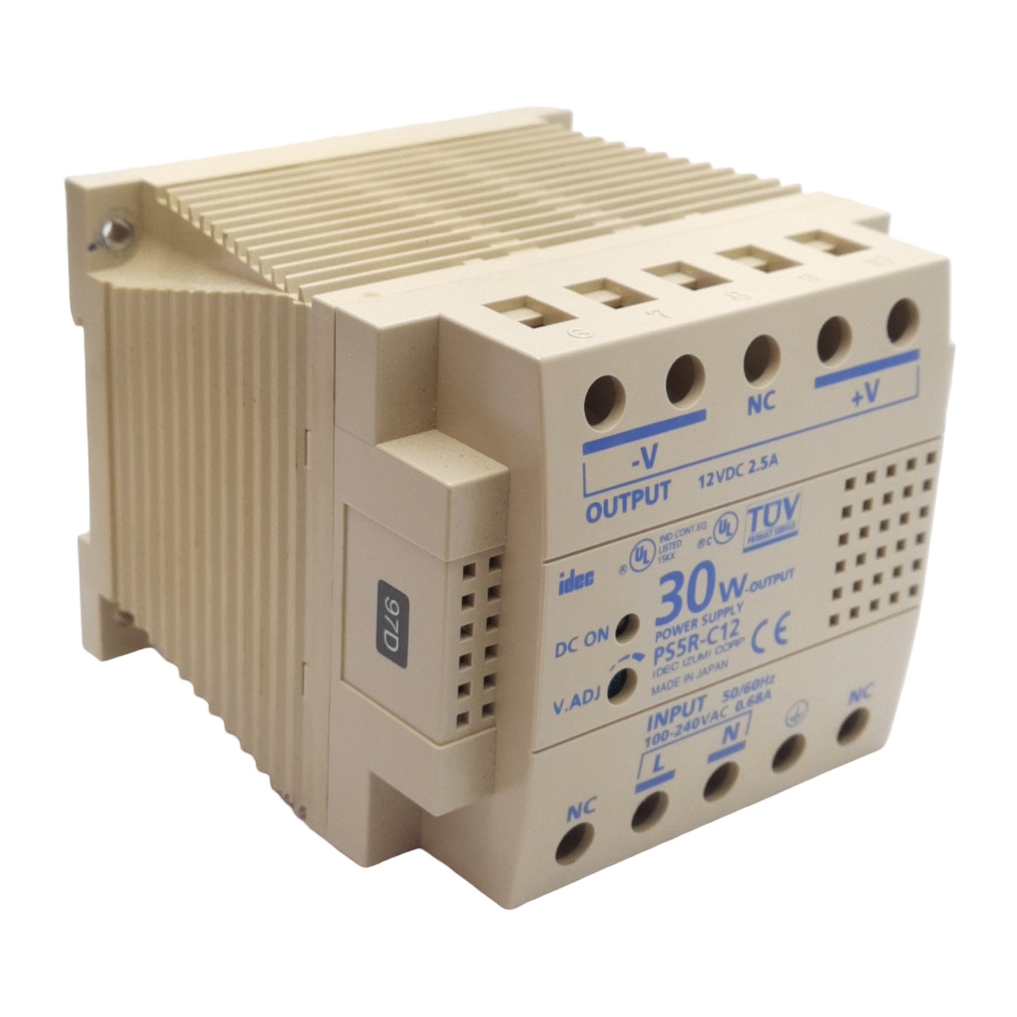 Used Idec PS5R-C12 PLC Power Supply 100-240VAC 0.68A In, 12VDC 2.5A 30W Out DIN Rail