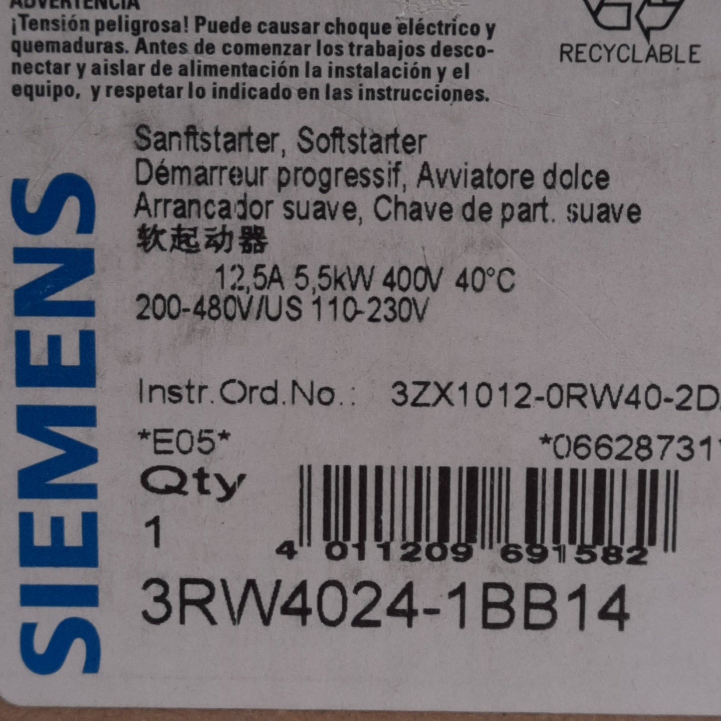 New Siemens 3RW4024-1BB14 Soft Starter, 5.5kW, 200-480VAC, 110-230VAC/DC Control