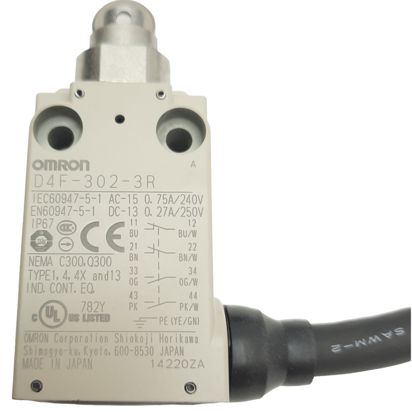 New OMRON D4F-302-3R Safety Limit Switch, Roller Plunger, 2NC/2NO, 15A, 120VAC, 3m