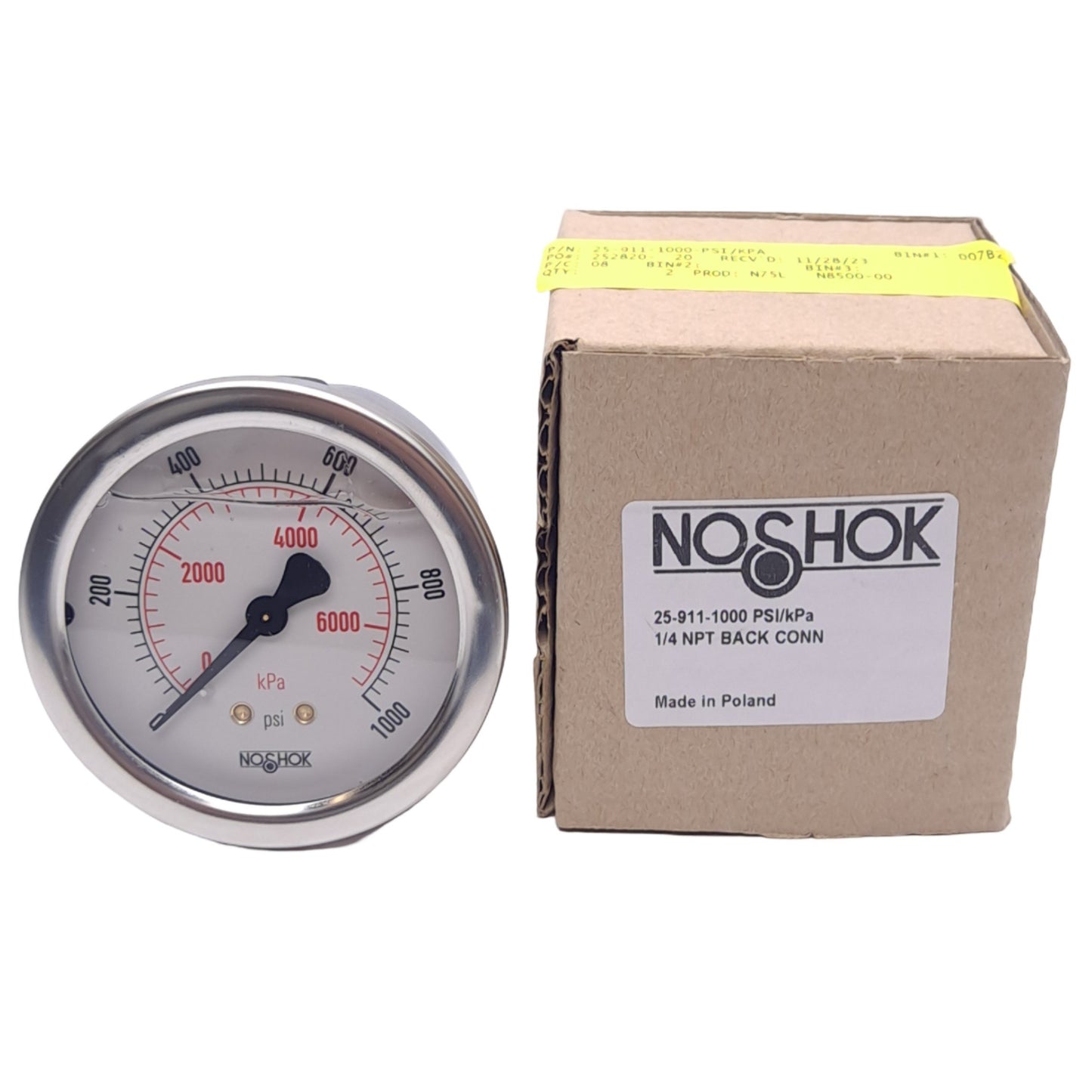 New NOSHOK 25-911-1000-PSI/kPa Pressure Gauge, 1000psi/kPa, 1/4in NPT, ø2.5in