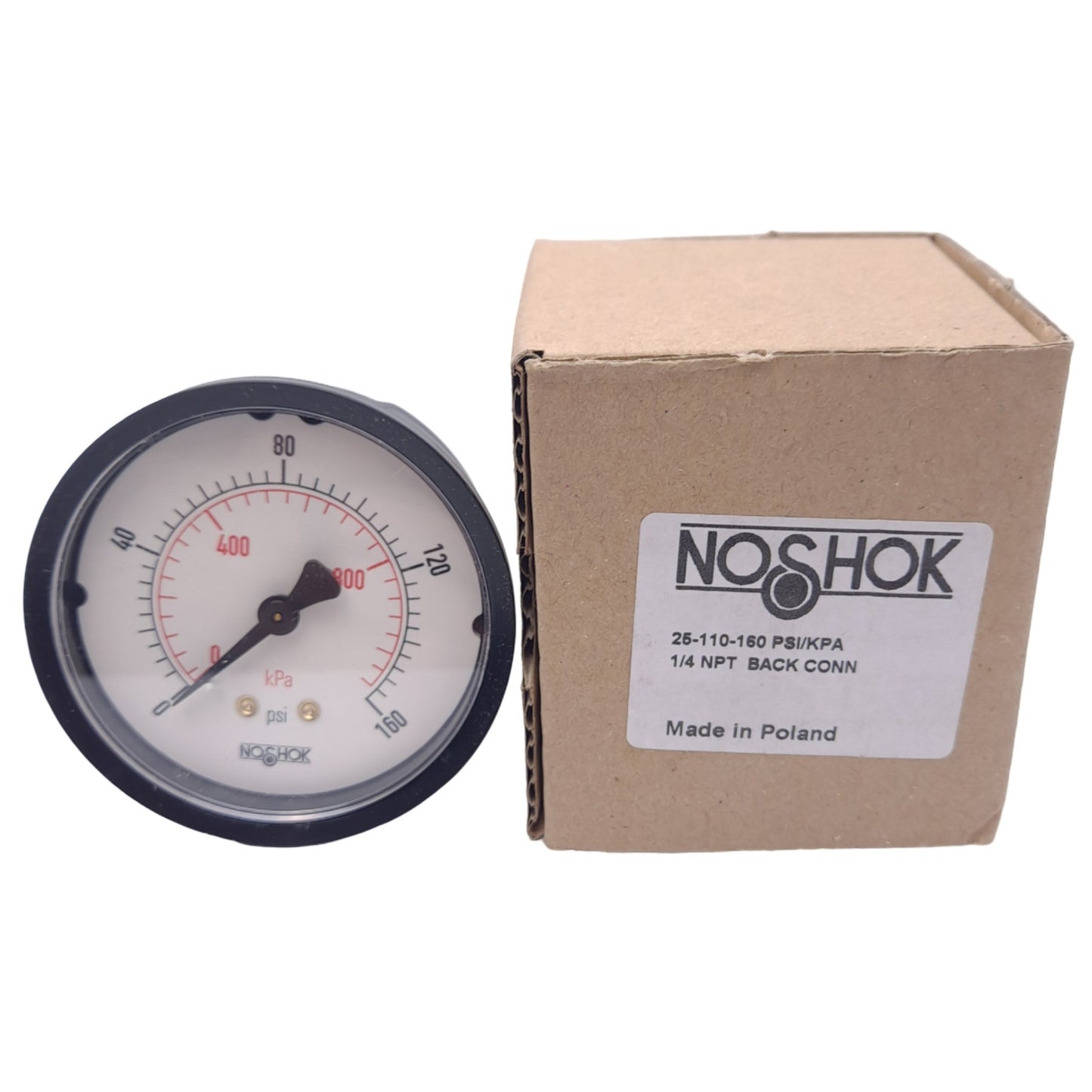 New NOSHOK 25-110-160-PSI/kPa Pressure Gauge, 160psi/kPa, 1/4in NPT, ø2.5in