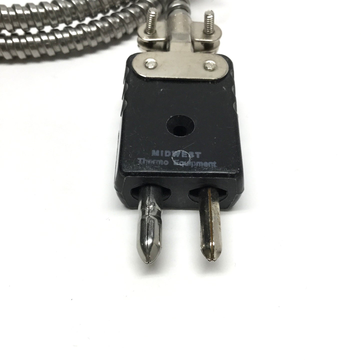 New – Open box Midwest 90° Rigid Sheath Bayonet Thermocouple, SS Hose, Type J, 7" x Ø3/16"