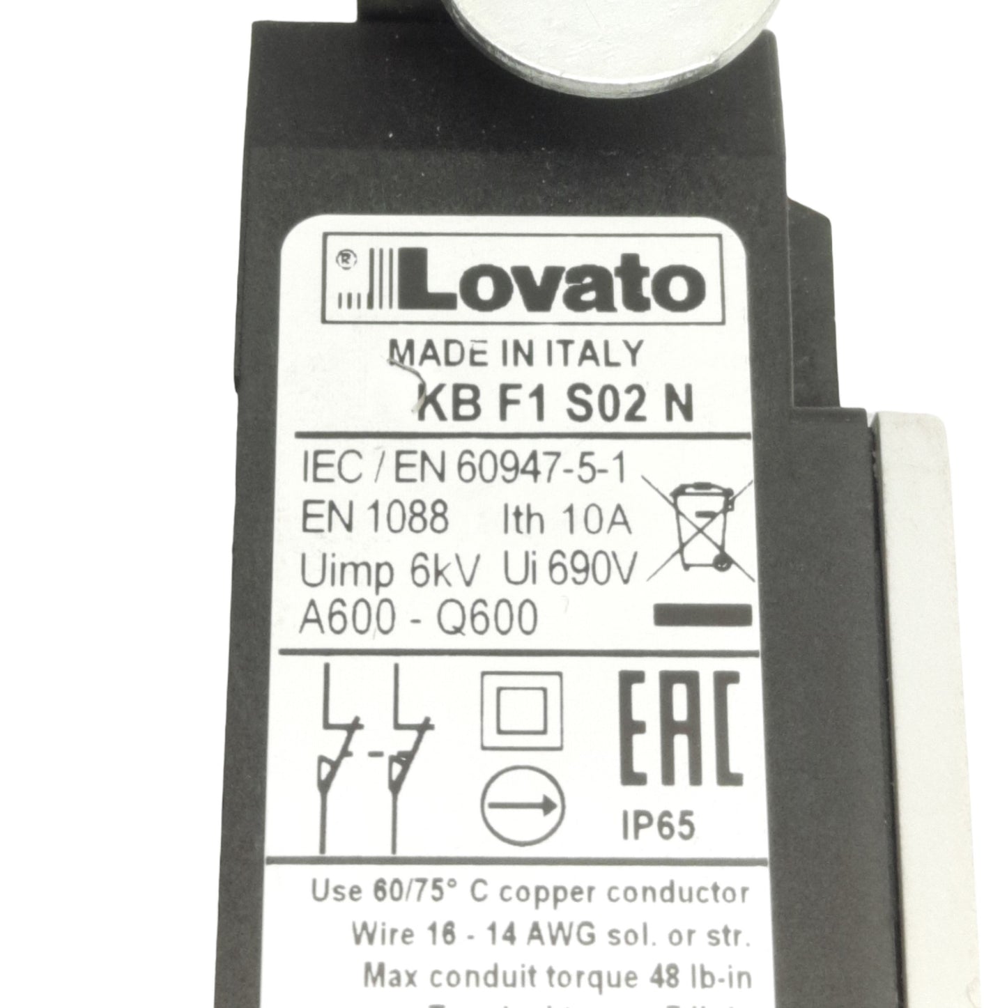 Used Lovato KBF1S02N Roller Lever Limit Switch, 2NC, 90° Actuation, 10A Max