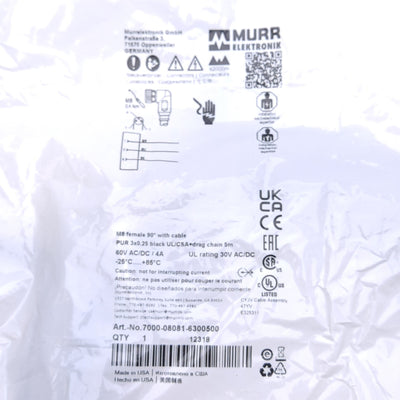 New Murr Elektronik 7000-08081-6300500 Cable, M8 3-Pin 90°Female to Flying Leads, 5m
