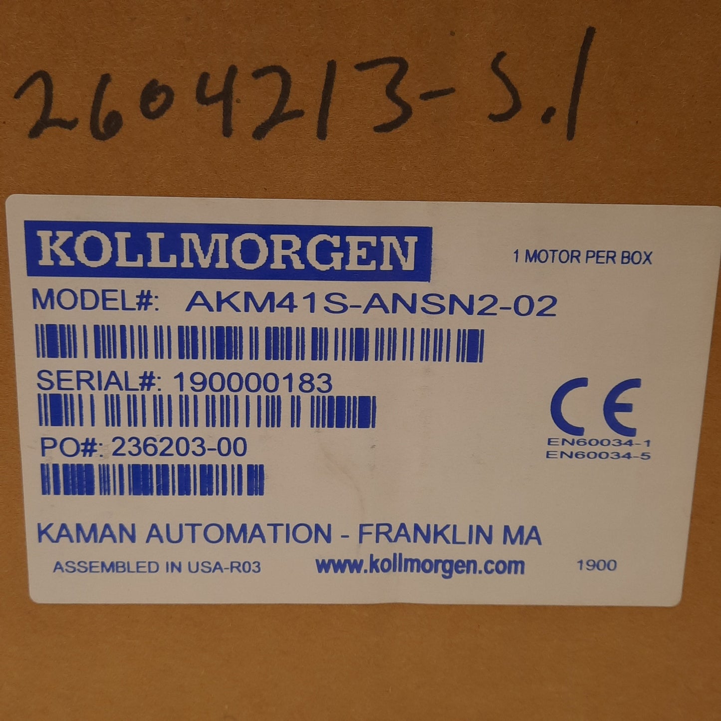 New Kollmorgen AKM41S-ANSN2-02 Servo Motor 3Ø 120VAC 0.72kW ø3/4in Shaft 84mm Frame