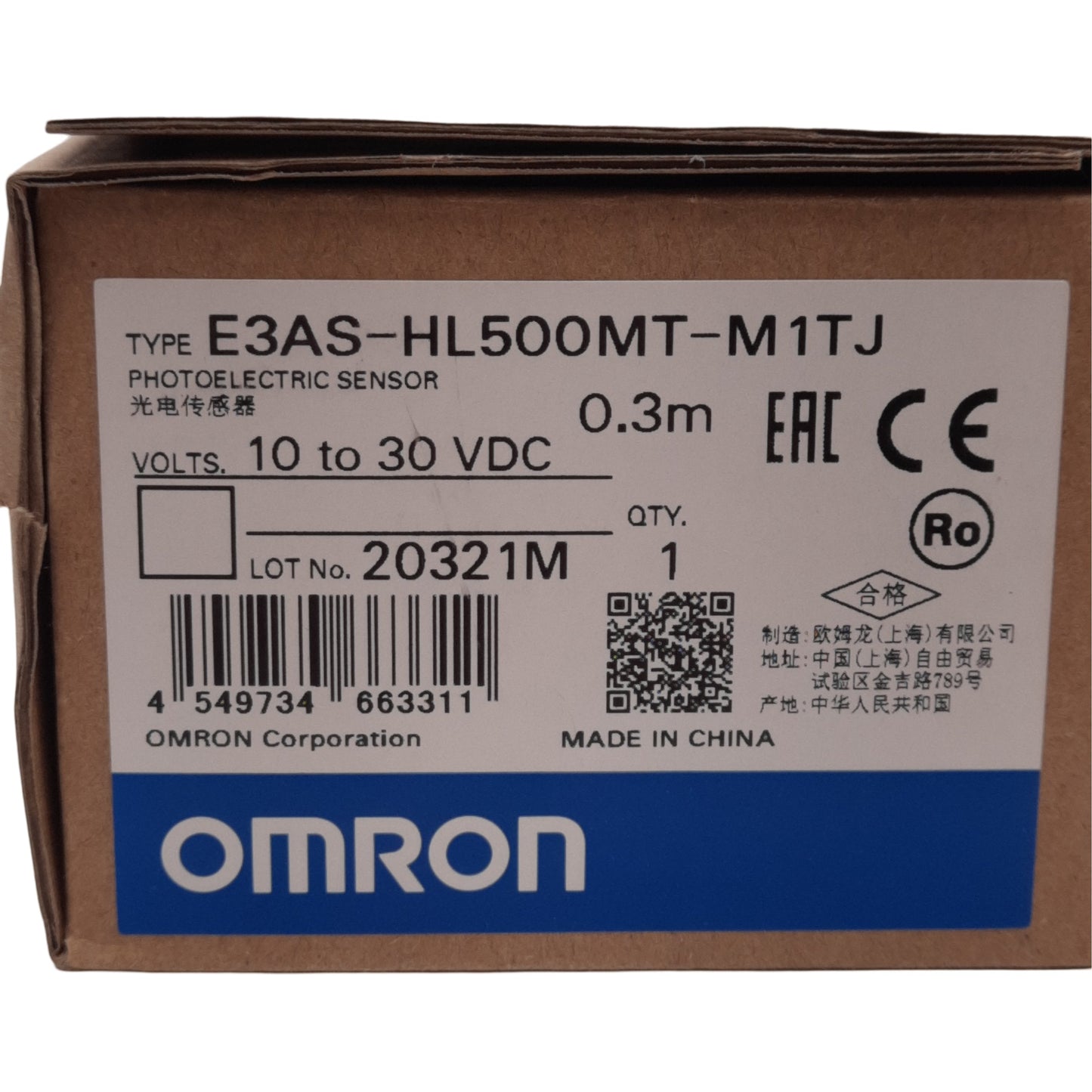 New Omron E3AS-HL500MT-M1TJ Photoelectric Sensor, 35-500mm, M12 4-Pin Male, 10-30VDC