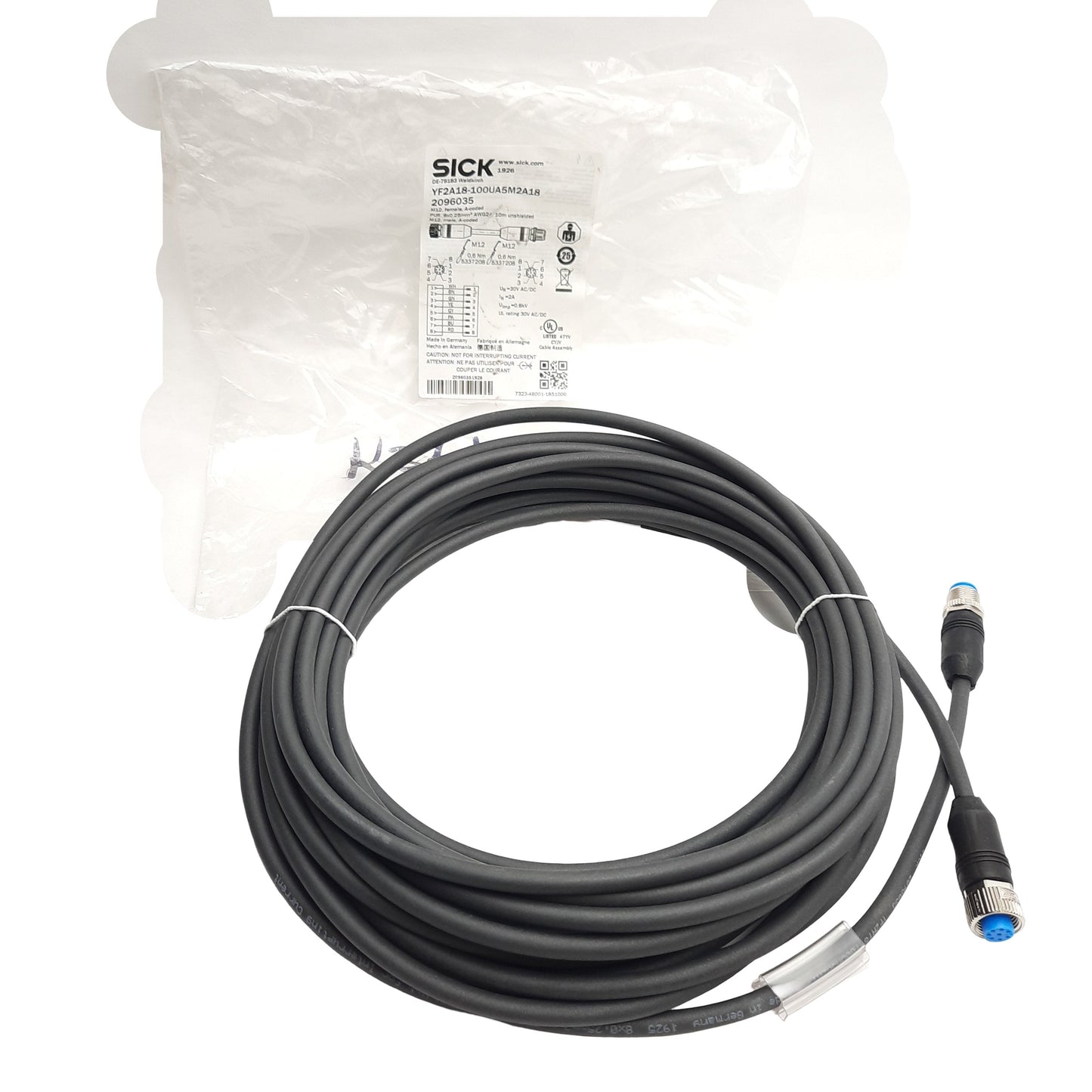 New Sick YF2A18-100UA5M2A18 2096035 Cordset M12 8-Pin F To M12 8-Pin M, 10 Meters